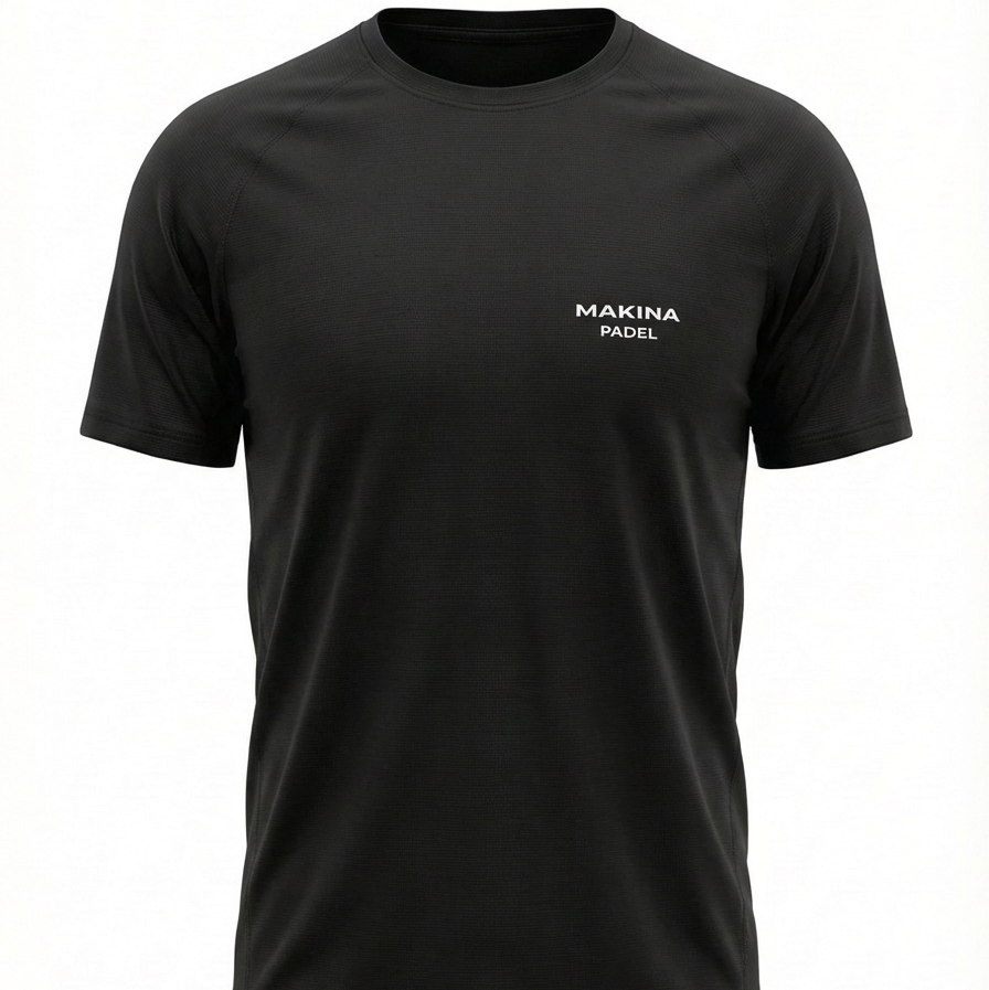 Black t-shirt with 'MAKINA PADEL' logo on a white background