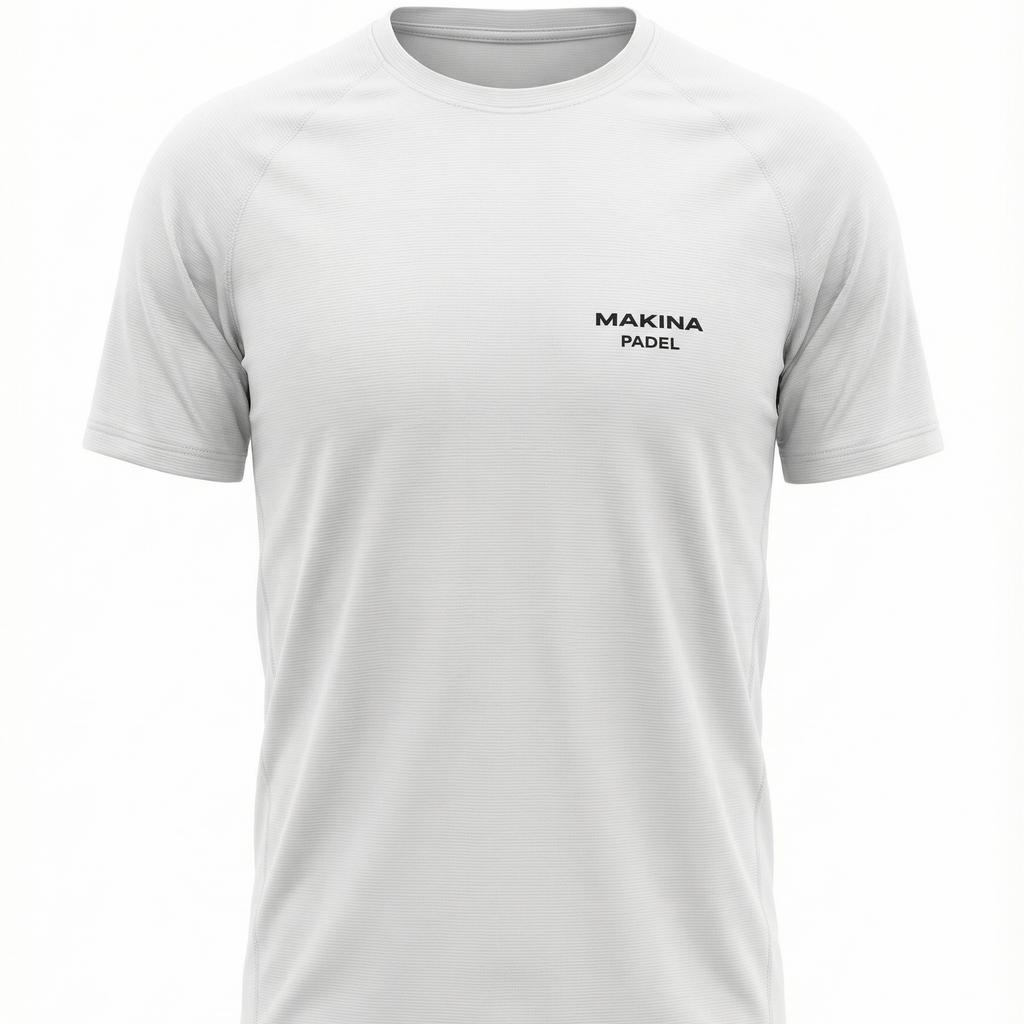 White t-shirt with 'MAKINA PADEL' logo on a white background