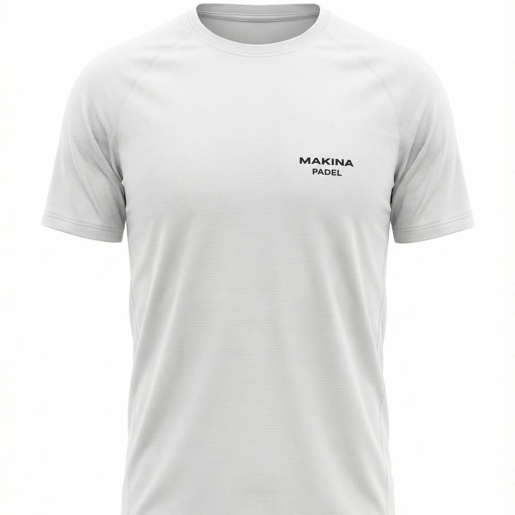 White t-shirt with 'MAKINA PADEL' logo on a white background