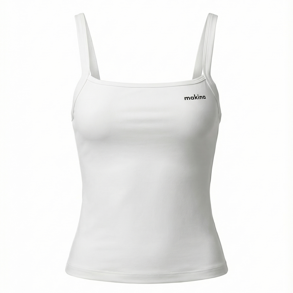White tank top with 'mokina' branding on a white background