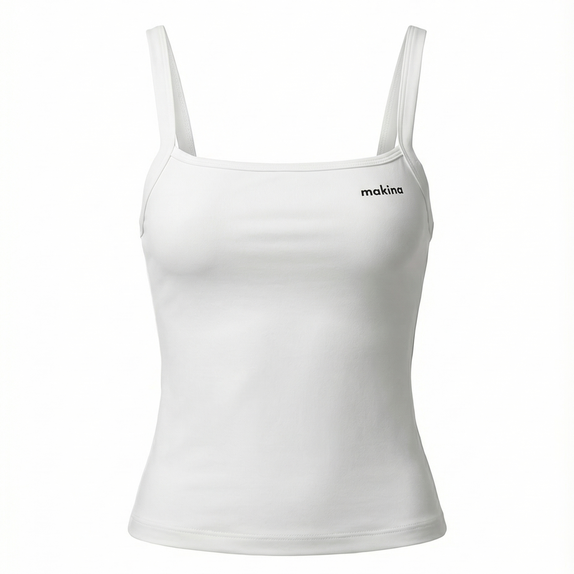 White tank top with 'mokina' branding on a white background
