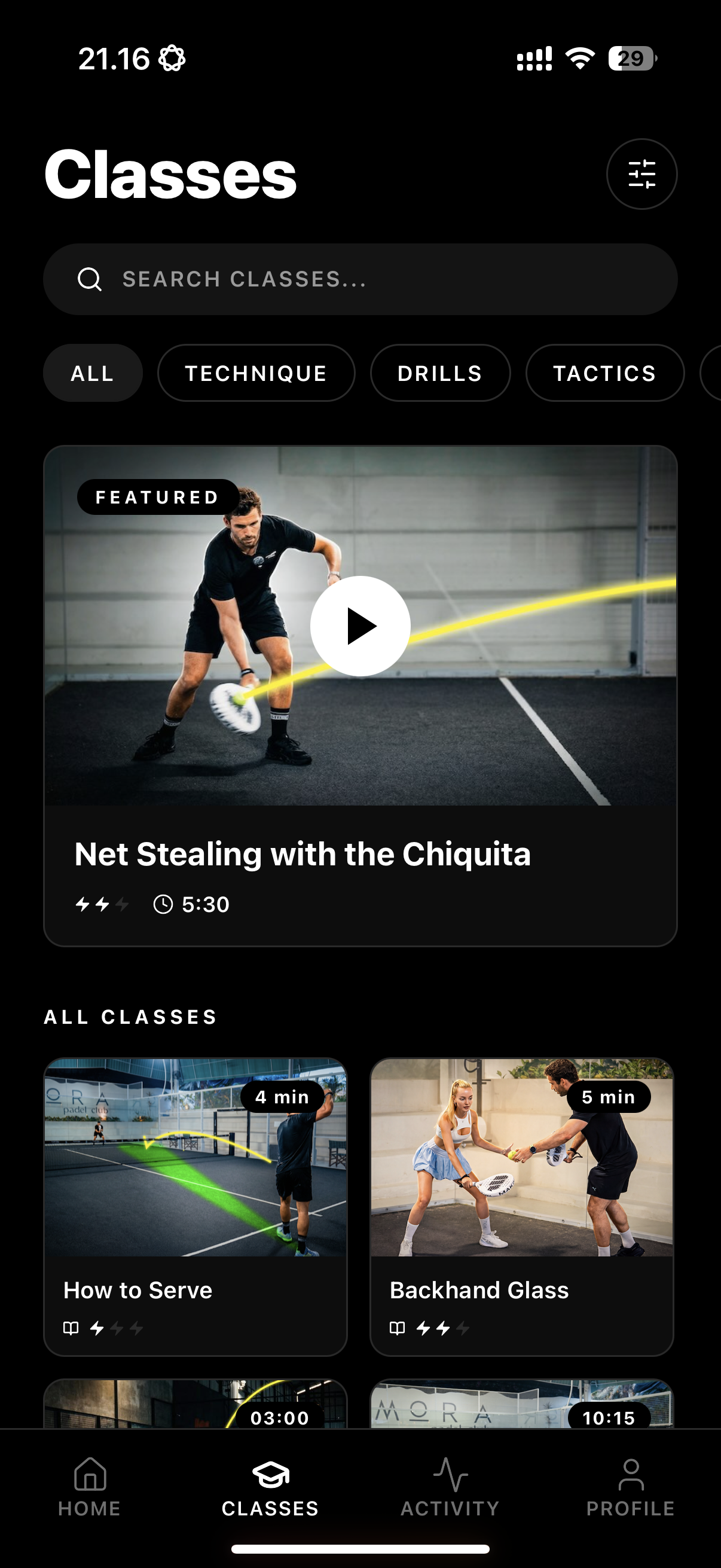 Classes screen