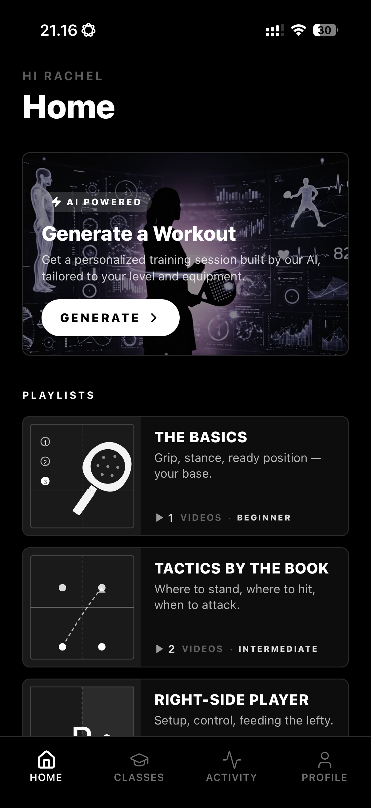 Home screen with AI workout generator and playlists